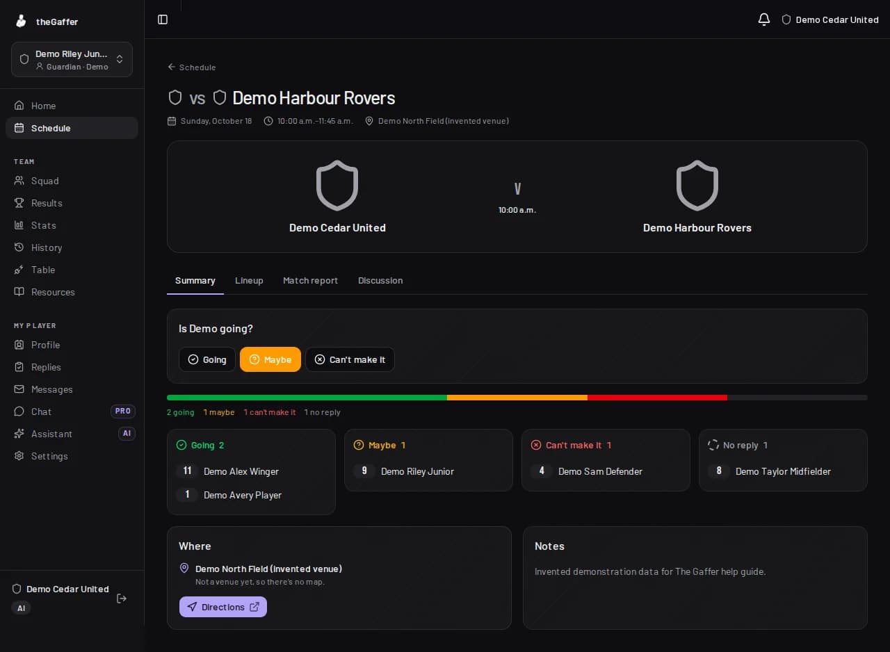 Demo match Summary showing the linked child's reply controls, with Maybe highlighted, and the squad reply groups.