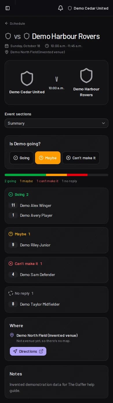Demo match Summary showing the linked child's reply controls, with Maybe highlighted, and the squad reply groups.