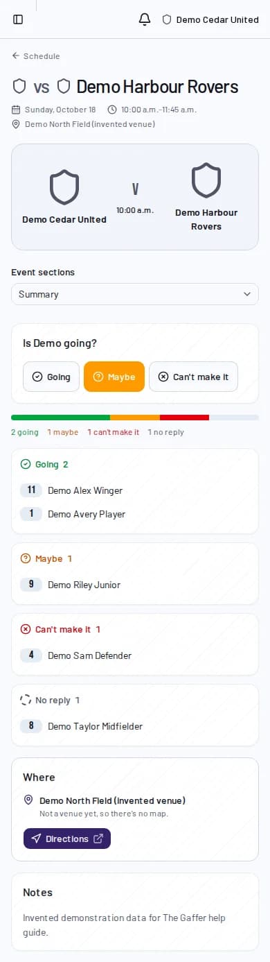 Demo match Summary showing the linked child's reply controls, with Maybe highlighted, and the squad reply groups.